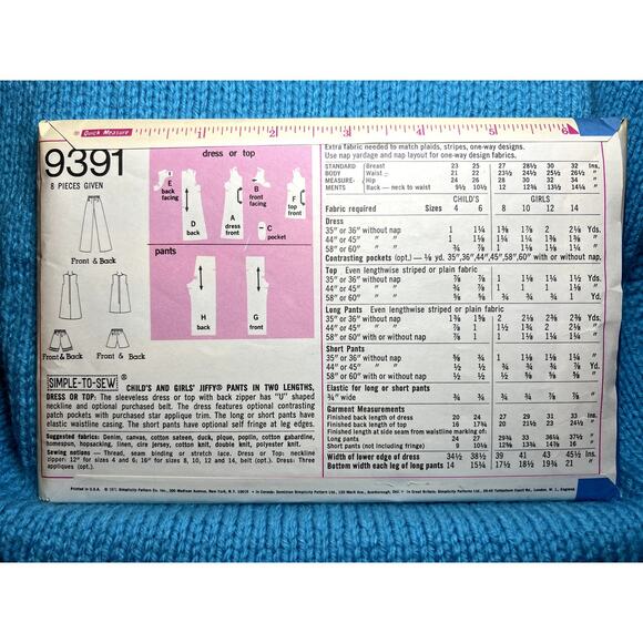 Simplicity 9391 Sewing pattern Girls A line dress pants shorts top 1960s size 6 - Picture 3 of 6